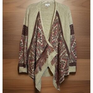 Lucky Brand Cardigan Sweater Women's Medium l Aztec Western Fringed Wrap Red Tan